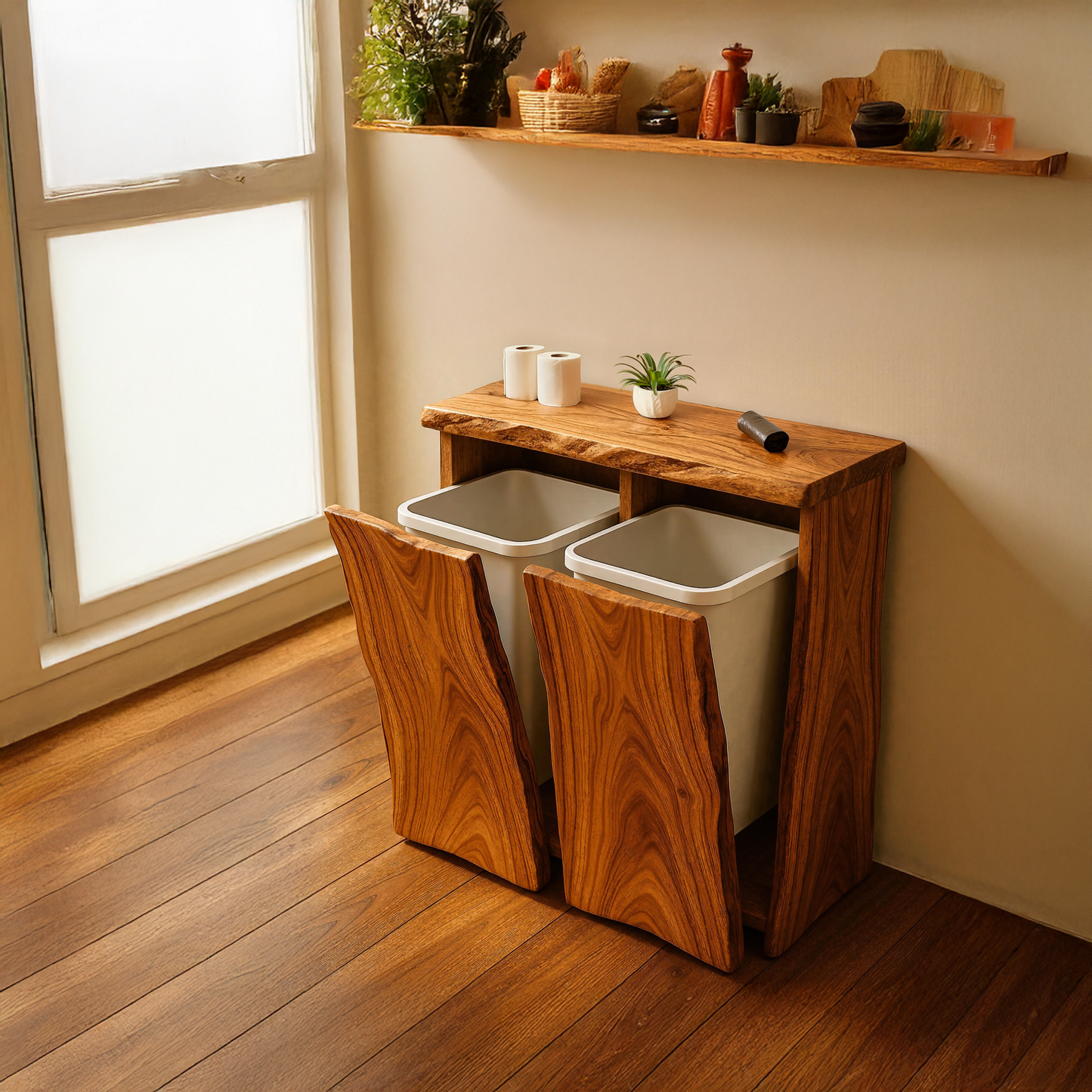 Farmhouse wooden double tilt‑out garbage bin cabinet for dining room corner, hidden dual trash compartments-1