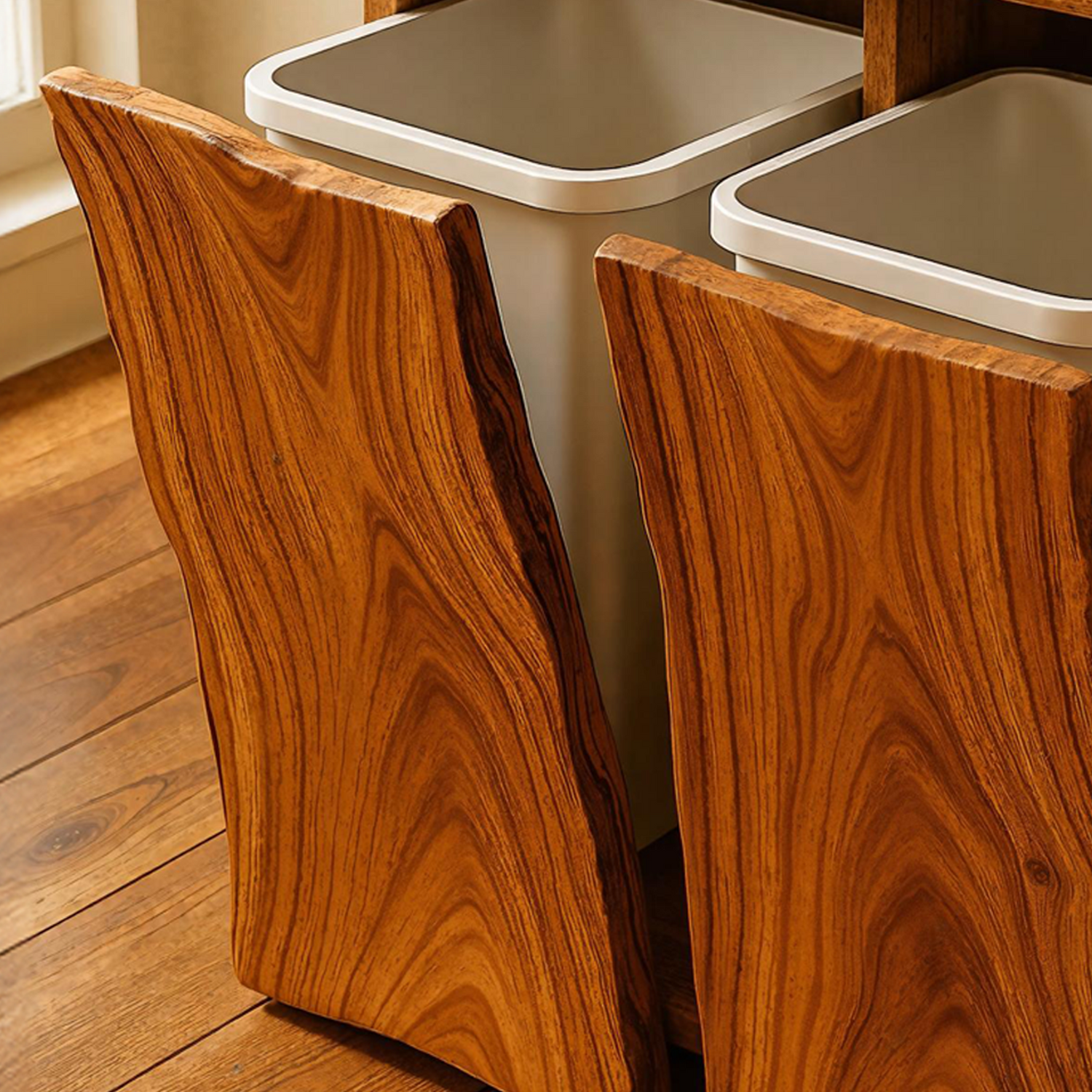 Farmhouse wooden double tilt‑out garbage bin cabinet for dining room corner, hidden dual trash compartments-2