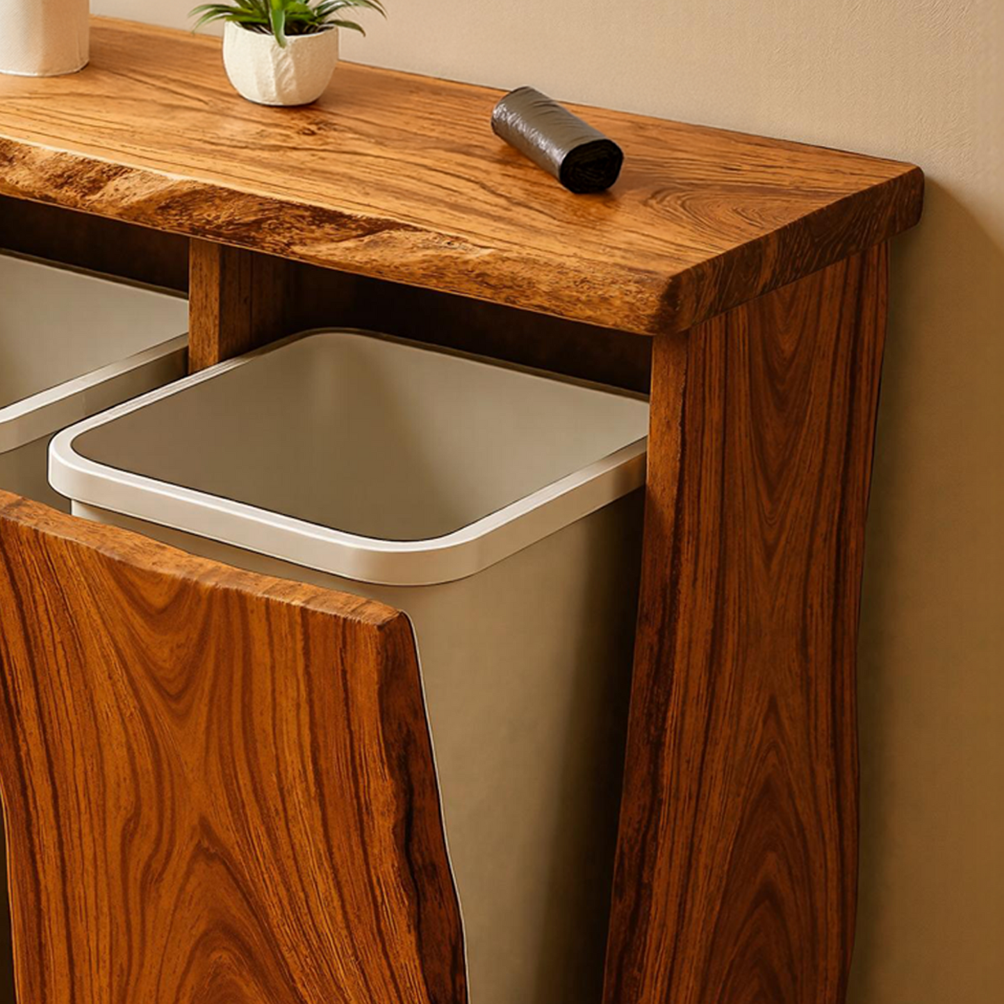 Farmhouse wooden double tilt‑out garbage bin cabinet for dining room corner, hidden dual trash compartments-3