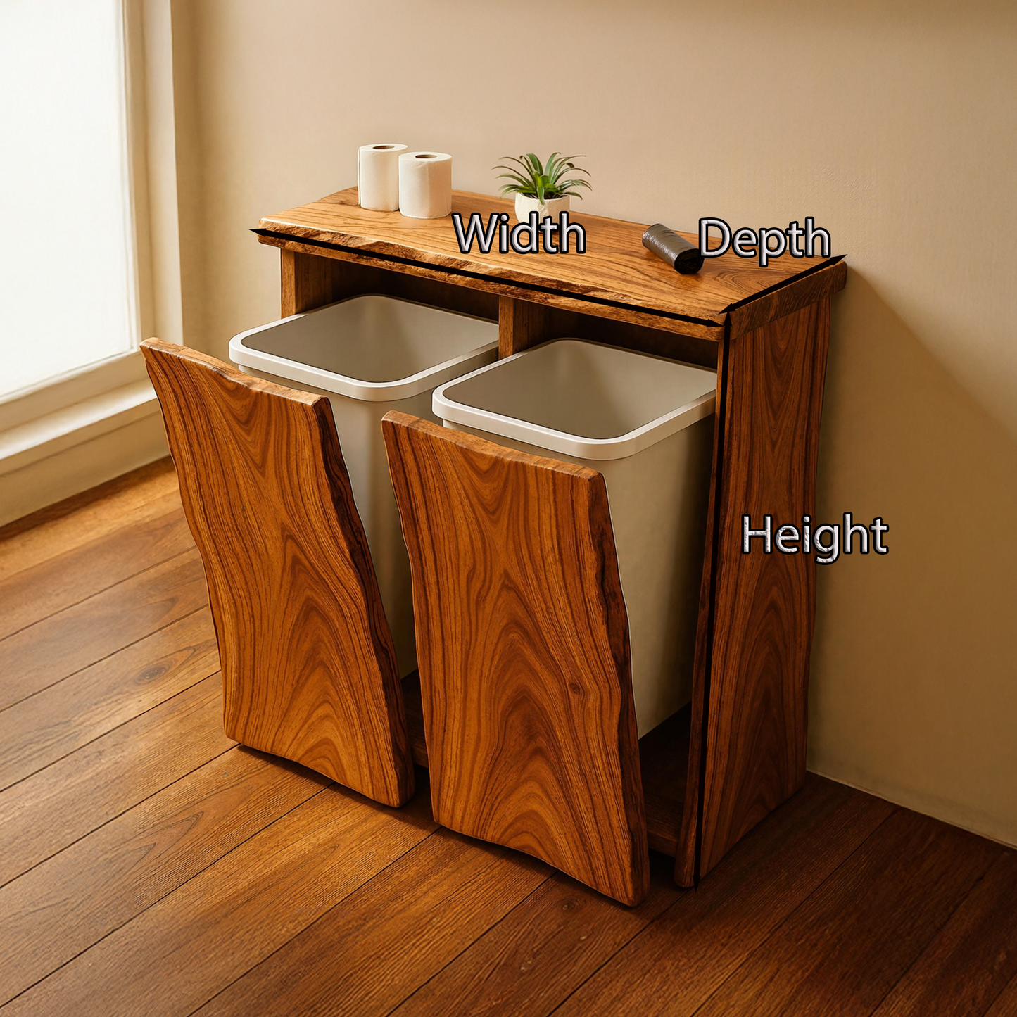 Farmhouse wooden double tilt‑out garbage bin cabinet for dining room corner, hidden dual trash compartments-5