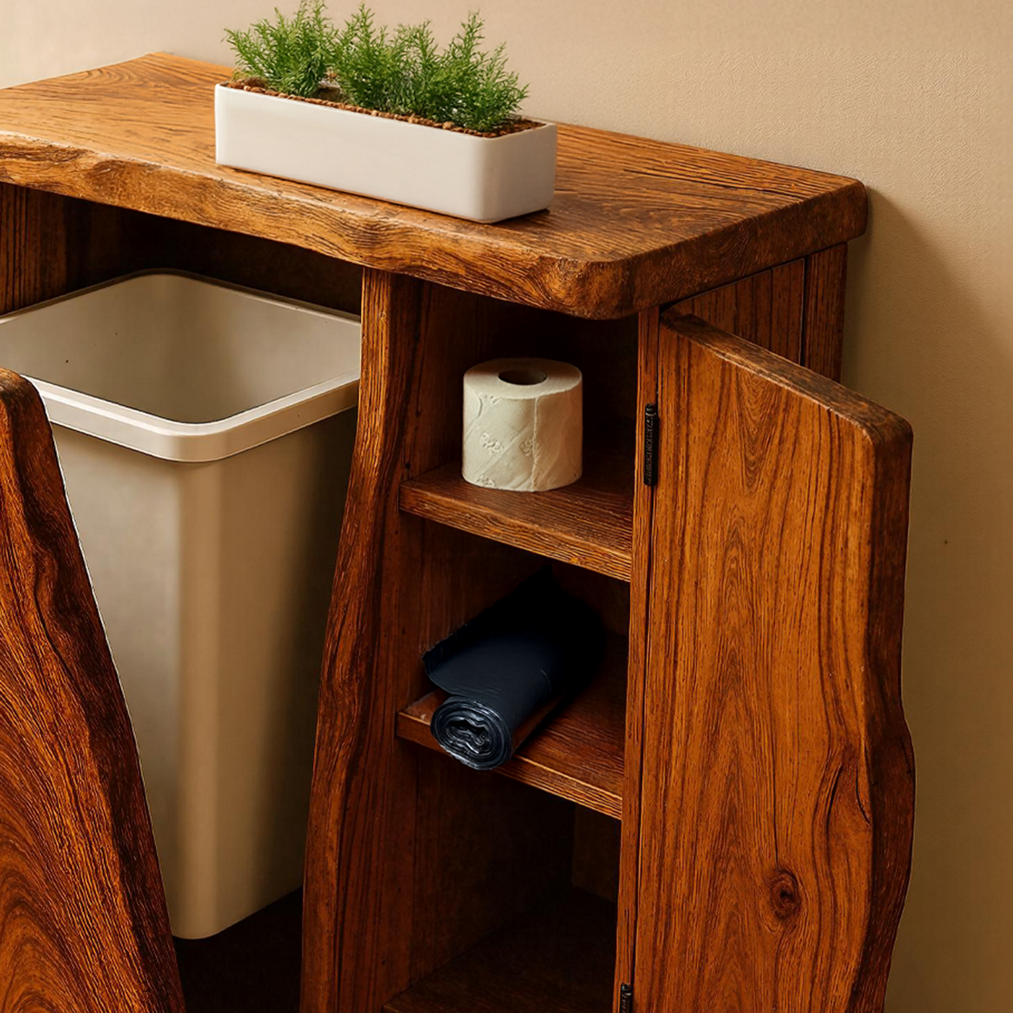Handcrafted wooden tilt‑out trash bin cabinet for kitchen storage and decor-3