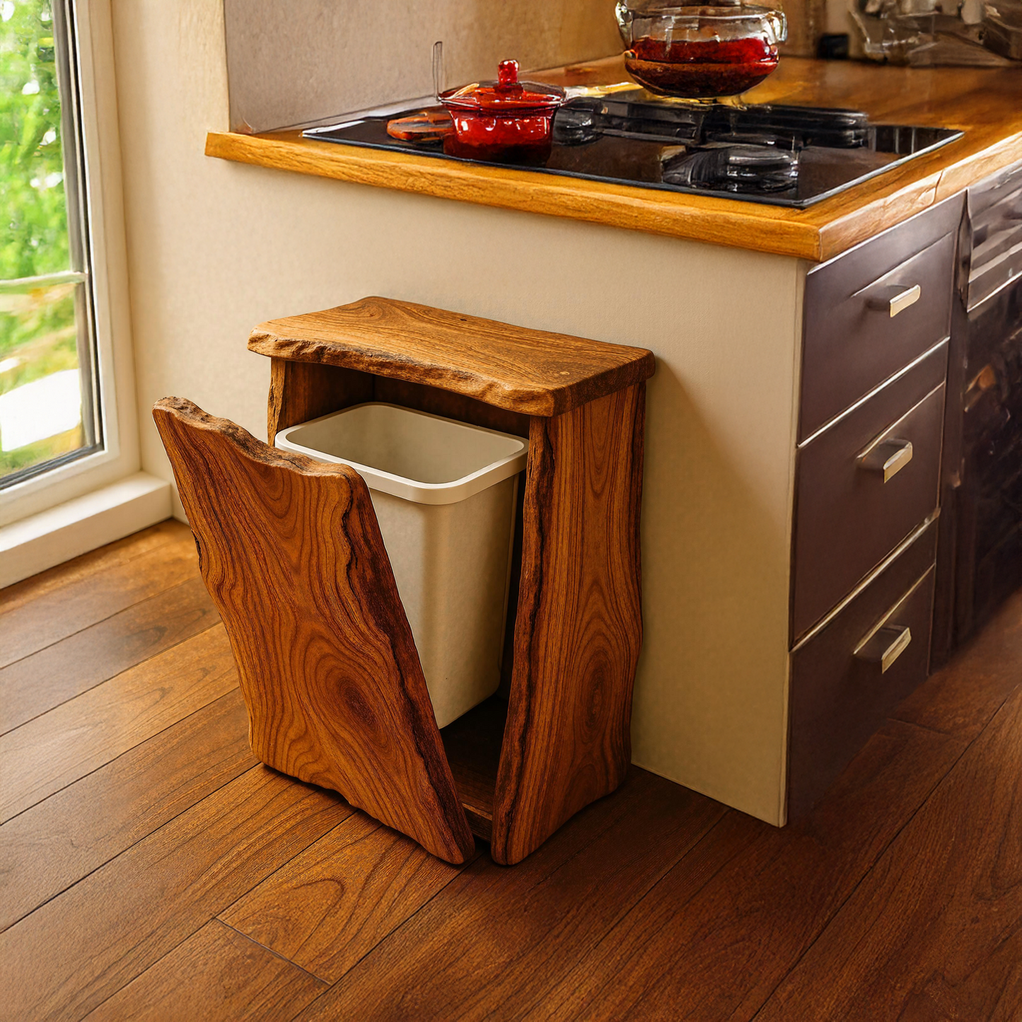 Mid-century tilt‑out kitchen trash cabinet with hidden bins and wood finish-1
