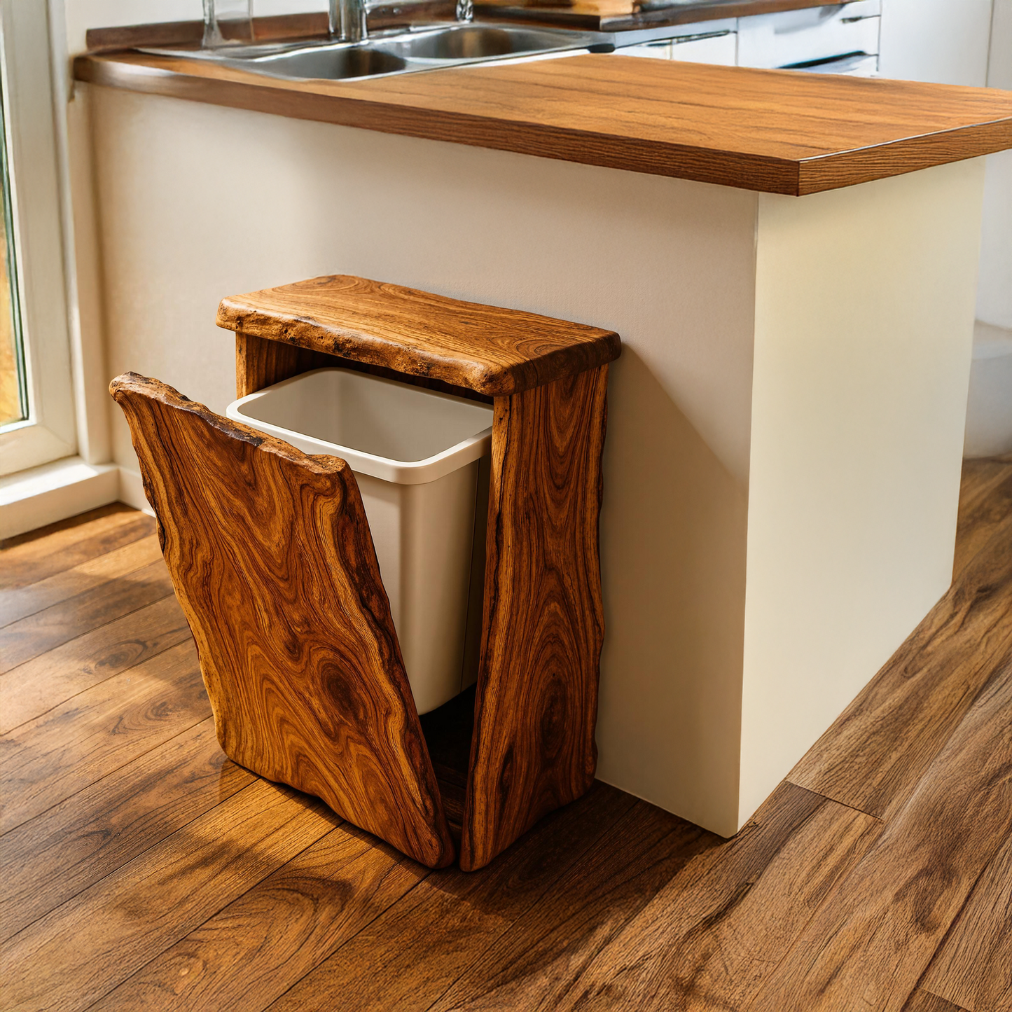 Mid-century wooden tilt‑out trash can cabinet for home decor with hidden bin and refined wood finish-1
