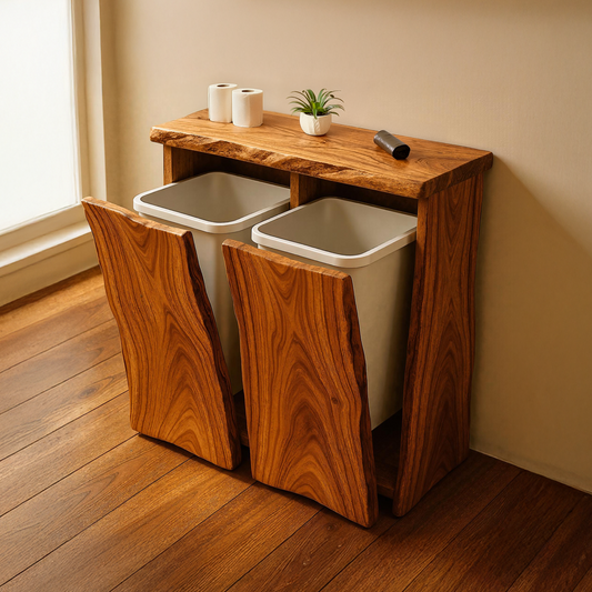 Farmhouse wooden double tilt‑out garbage bin cabinet for dining room corner, hidden dual trash compartments