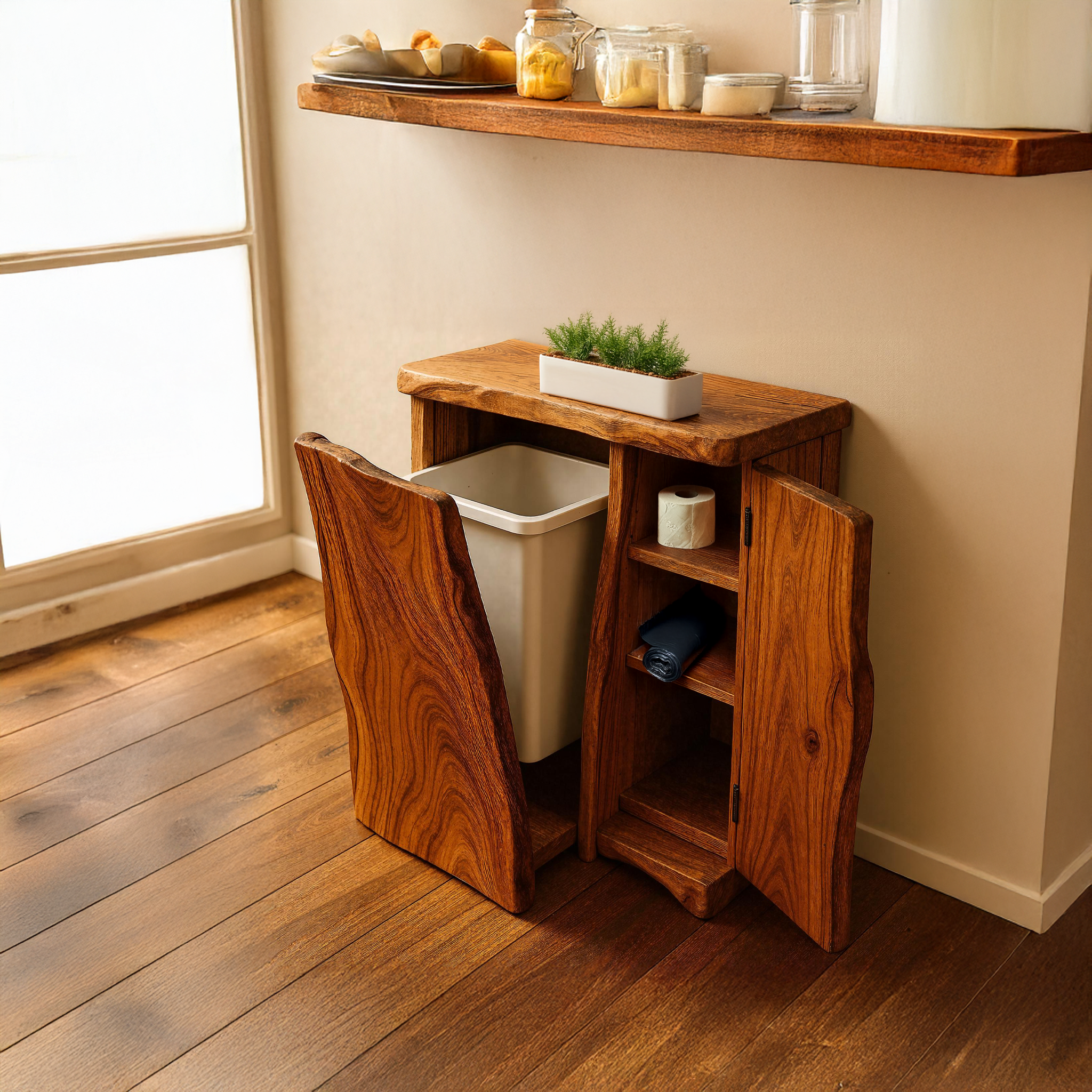 Handcrafted wooden tilt‑out trash bin cabinet for kitchen storage and decor-1