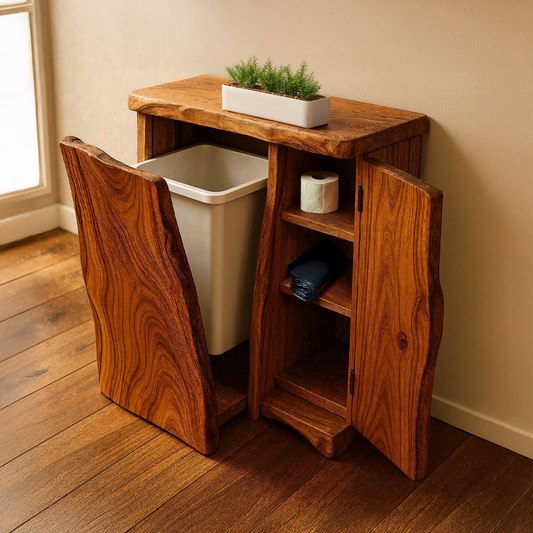 Handcrafted wooden tilt‑out trash bin cabinet for kitchen storage and decor