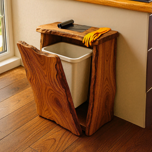 Mid-century tilt‑out kitchen trash cabinet with hidden bins and wood finish
