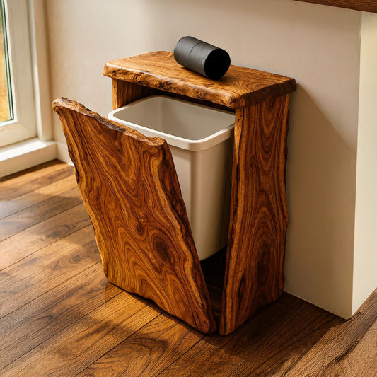 Mid-century wooden tilt‑out trash can cabinet for home decor with hidden bin and refined wood finish